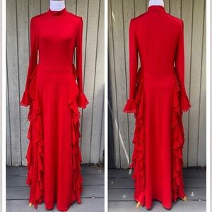 Flamenco Bright Red Ruffle Bell Sleeves Stretchy Floor Length Maxi Dress size S